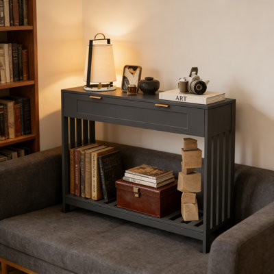 Console avec tiroirs et tablette ouverte, table de canapé d'entrée étroite avec grand tiroir de rangement, table d'appoint en bois pour le salon, le vestibule et le canapé derrière