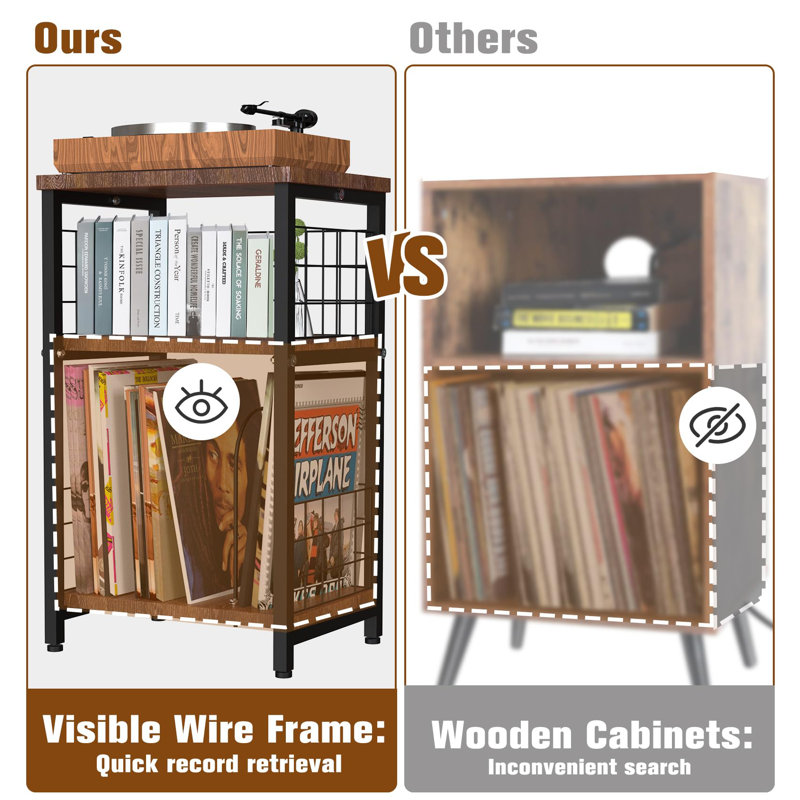Record Player Stand, 3 Tier End Table With Double Layer Iron Wire Mesh Turntable Stand Vinyl Record Table Storage Up To 100 Albums, Black