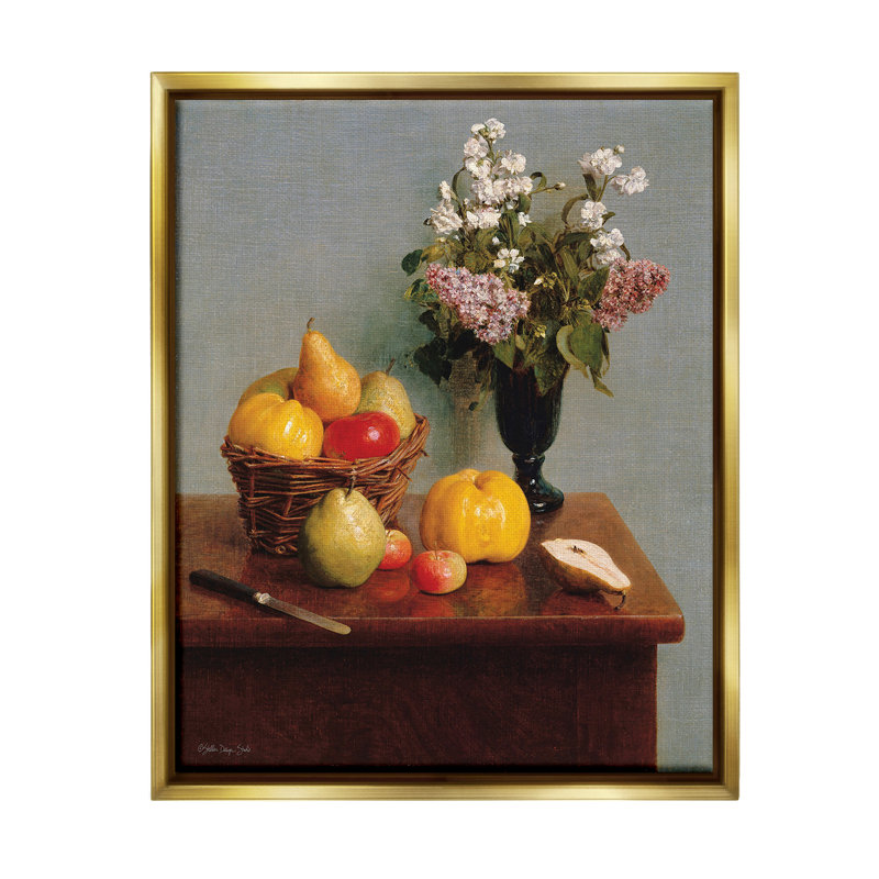 «Fruit And Flowers Still Life» sur toile, H 21 po x l 17 po, Cadre flottant métallique doré