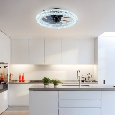 Acrylic Ice Brick Fan Light 19.7x19.7x6.9in PC LED Light Source Remote Control 3000-6500K Dimmable Modern Flush Mount LED Fan Light 6 Speeds Quiet DC Motor For Living room Bedroom Kitchen Matte Black