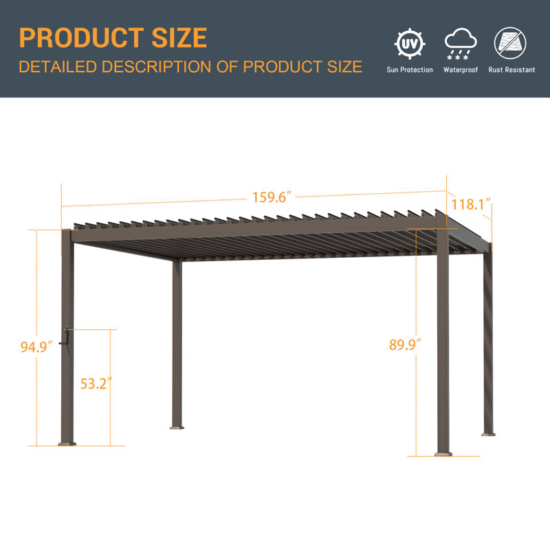 Outdoor Metal Frame Pergola with Adjustable Louvered Roof and Concealed Water Drainage System, 10 × 13ft 