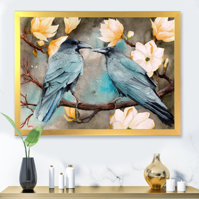 Deux corbeaux sur les branches de magnolia avec fleurs - reproduction sur toile