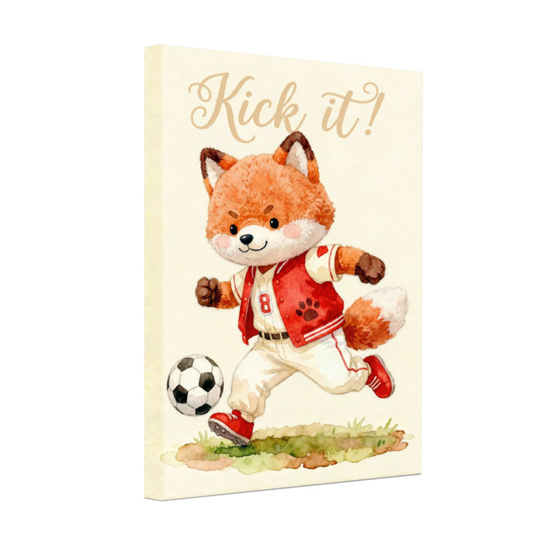 Animaux, renard jouant au soccer avec ballon et texte, H 18 po x l 12 po