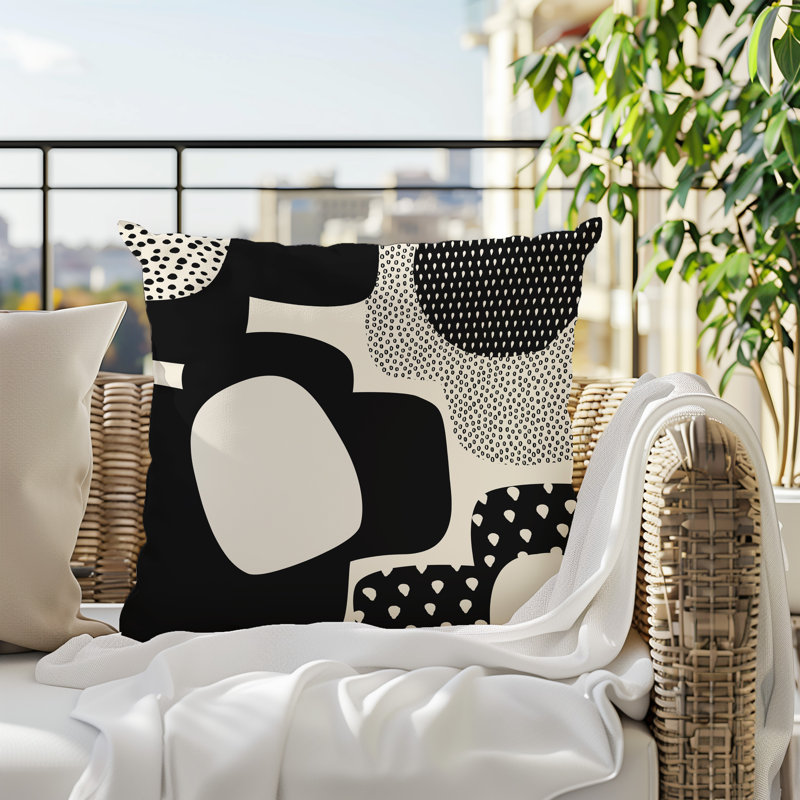 Coussin carré intérieur / extérieur pia, H 15 po x l 15 po, Blanc cassé / noir