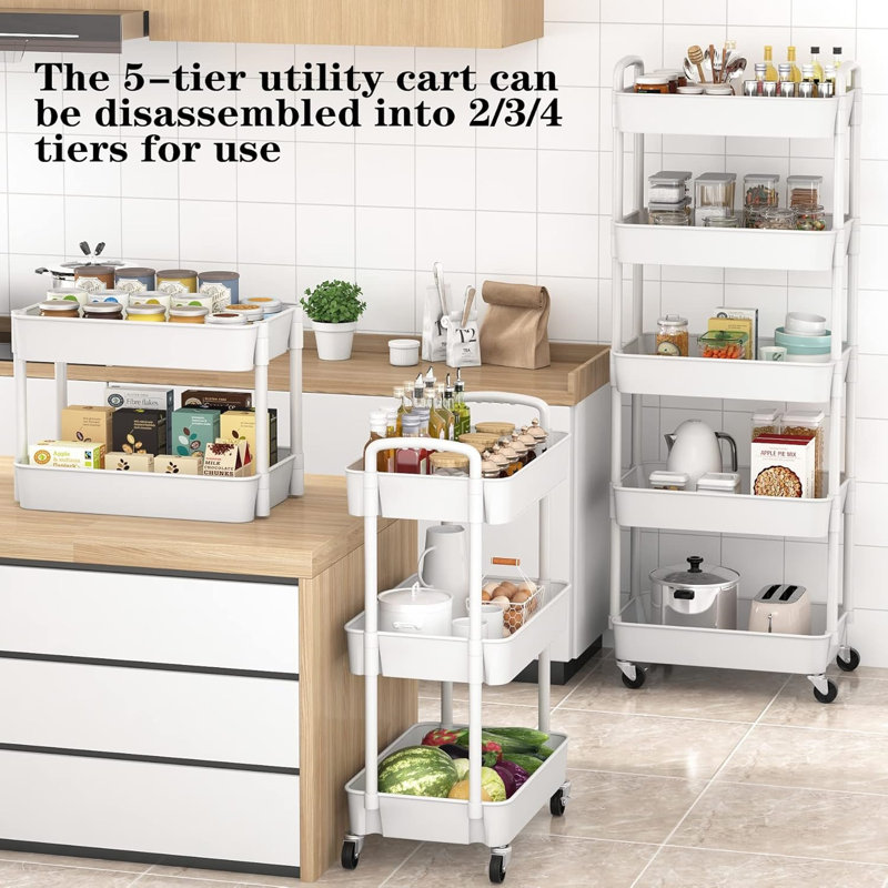 5-Tier Plastic Rolling Utility Cart with Handle, Multi-Functional Storage Trolley, Living Room, Kitchen, Movable Storage Organizer with Wheels