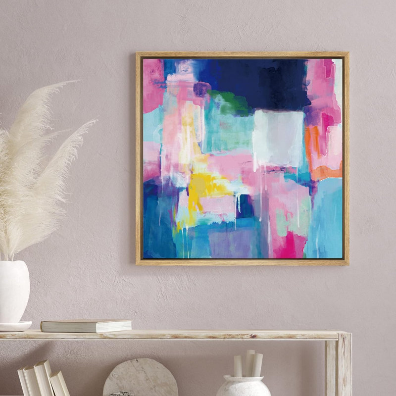 Coups de peinture rose pastel, bleu sarcelle, bleu et orange - reproduction de cadre flottant sur toile, Encadré naturel