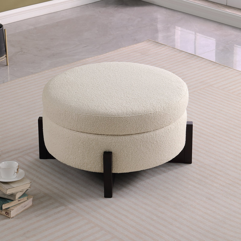 Repose-pieds rond élégant avec rangement à l'intérieur, pieds pliables en chêne, beige.