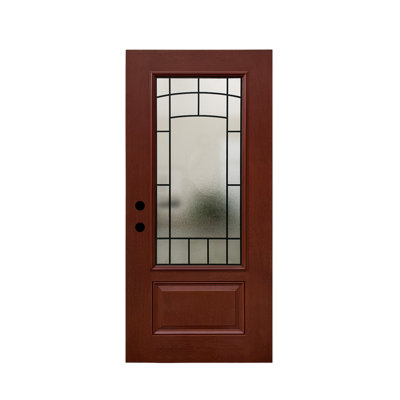  Dalle de porte d'entrée 36X80 (sans chambranle), dalle de porte extérieure en fibre de verre, panneau de porte en verre forgé, entrée / sortie à droite; Rouge acajou