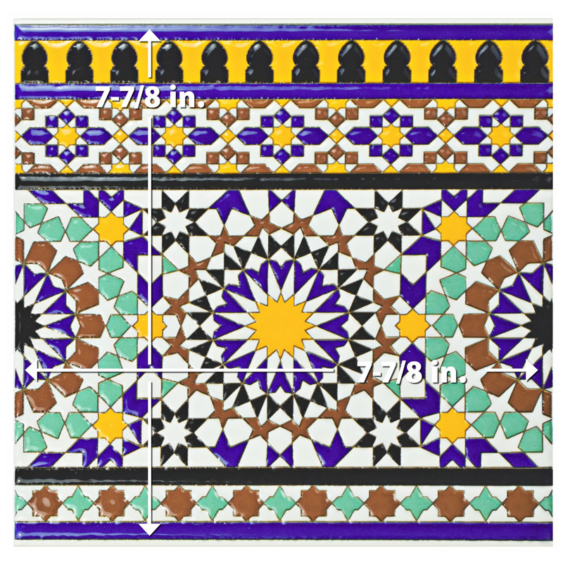 Carrelage mural en céramique bleu / rouge / vert à bordure cenefa 8 po x 8 po Sevillano