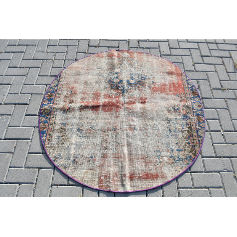 Round Red Turkish Oushak Accent Rug Ideal for Office and Entry Areas