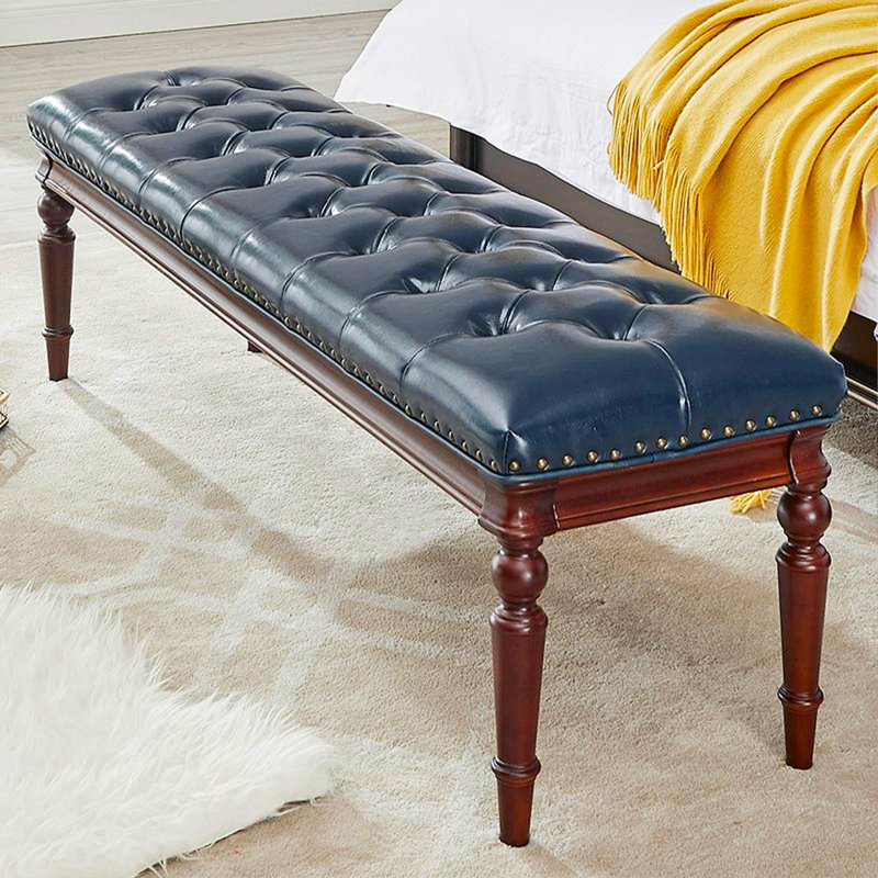 Blue Modern Style Wood Upholstered Bedroom and Entryway Leather Long Bench, Blue