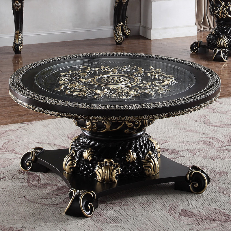 Hand-Carved Round Coffee Table with Old World Center Motif, Black