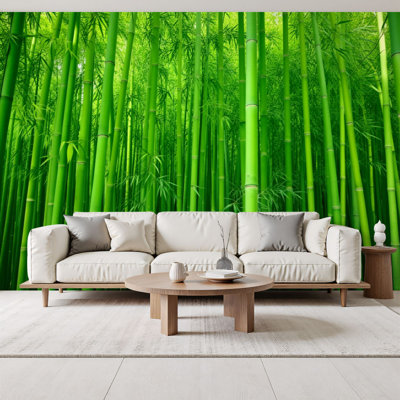 Papier peint auto-adhésif vert forêt de bambou, grandes tiges de bambou, décorations murales tropicales paisibles H 69 po x l 96 po, papier peint amovible en PVC, adhésif pour chambre à coucher, bureau à domicile