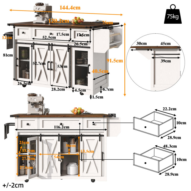 144.4 cm W Kitchen Island with, White