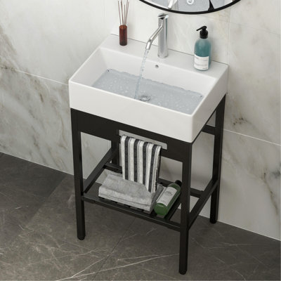 Console de lavabo en céramique 24 "x 16,75" avec trop-plein, pieds en métal noir