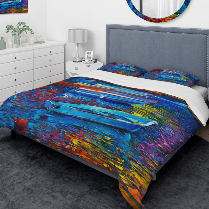 Ensemble de housse de couette Designart Voiliers et mer, Housse de couette très grand + 2 taies décoratives