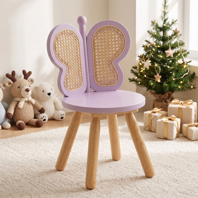 Chaise d'enfant en bois massif avec dossier en rotin papillon, chaise d'appoint en bois pour tout-petit