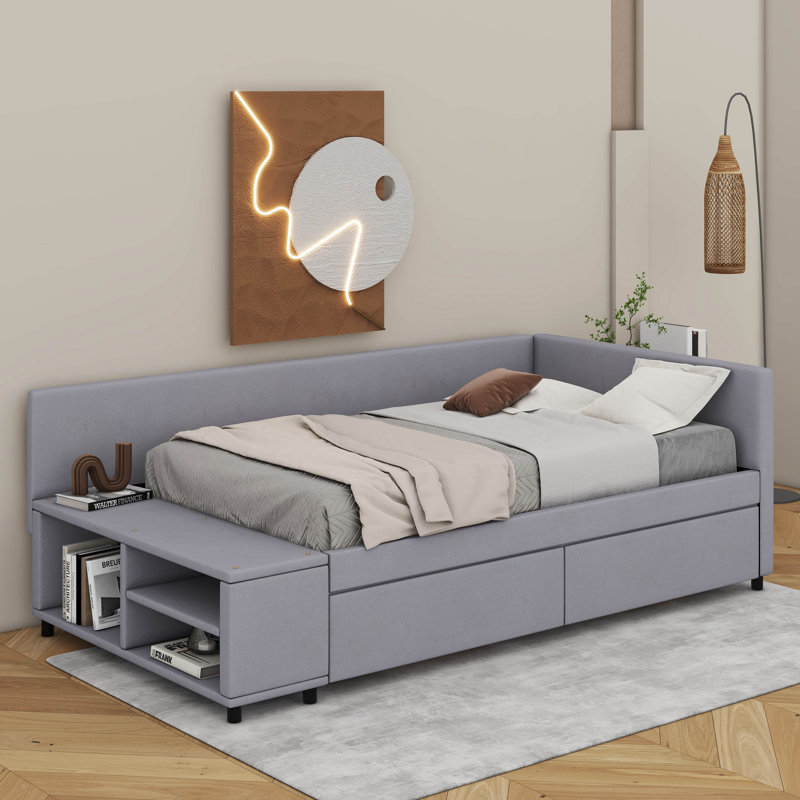 Lit plateforme simple tapissier en forme de L avec tiroirs, Gris