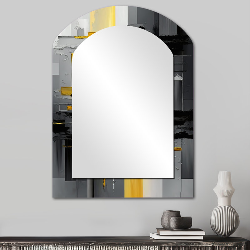 Abstract Geometric Black And Yellow V - Geometric Asymmetrical Wall Mirror, Black Arch Decorative Mirror, Printed Metal Art