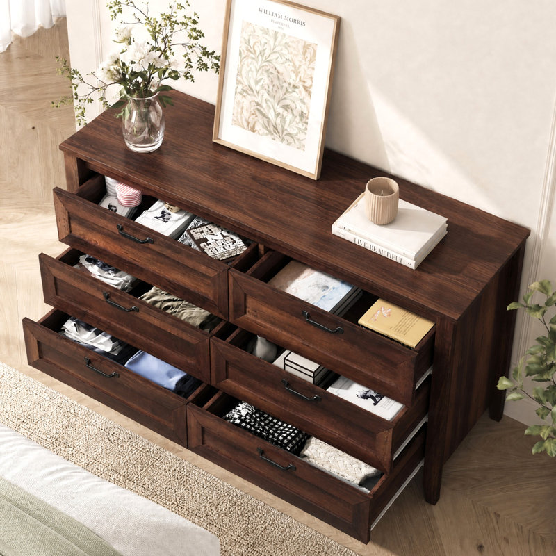 Serefina 54"W 6-Drawer Modern Dresser, Walnut Brown Wood Dresser with Solid Legs for Bedroom, Espresso Large Storage Double Dresser with Metal Handles Fits Closet or Hallway