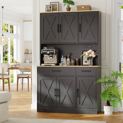 70" H Kitchen Pantry Cabinet, Buffet Sideboard With Barn Doors, 2 AC & 2 USB Charging Ports, Adjustable Shelves