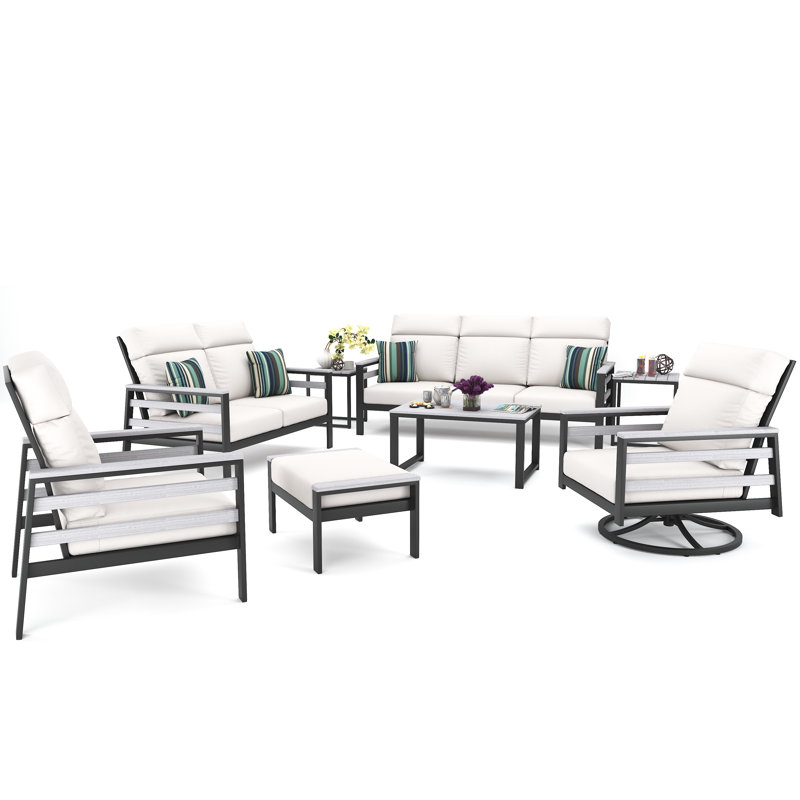 Ortez 7 Person Seating Group With Sunbrella Cushions, Dark Gray/White, Canvas Black