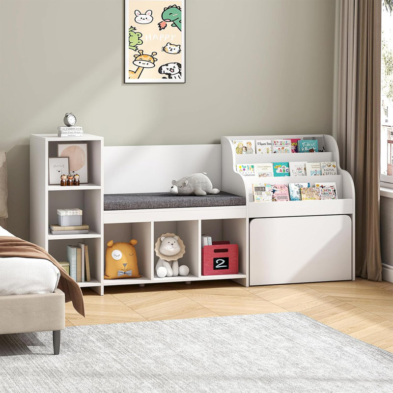 67” Kids Bookshelf and Bookcase, Reading Nook with Bench, Modern Kids Bookshelf with Seat Cushion and 6 Storage Cubbies, Toy Storage Box on Wheels, Toy Chest for Nursery, Classroom White