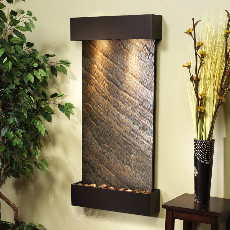 Fontaine murale en acrylique avec lumière Henn, Plume verte, Bronze antique