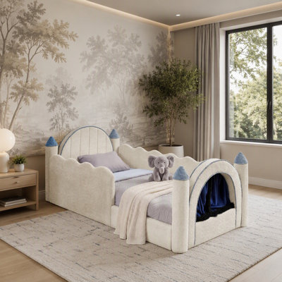 Castle Bed with Safety Guardrail and Curtain, Solid Wood Bed Frame for Bedroom, Boucle Fabric