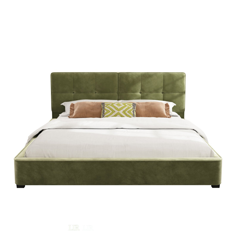 Très grande base de lit en velours, lit plateforme tapissier avec tête de lit capitonnée incurvée, coins carrés doux, vert olive