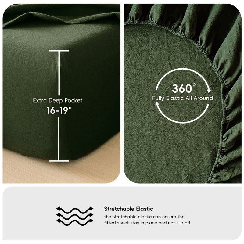 Moomee Fitted Sheet with Pillowcases 3-Piece Set 100% Washed Cotton Linen Like Textured, Forest Green