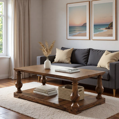 Farmhouse Coffee Table with Two-Tier Storage Shelf and Wood Turned Legs