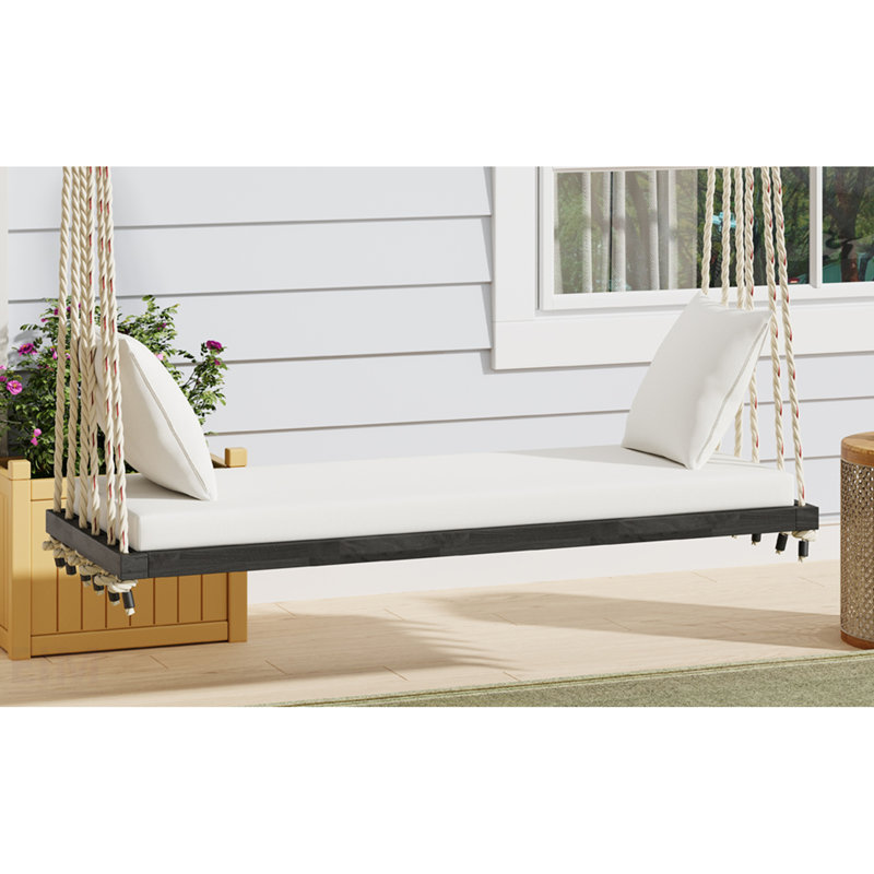 Acacia Wooden Swing Chair With Cushion, Pillows, And Hemp Ropes For Garden And Patio Relaxation, Brown, White