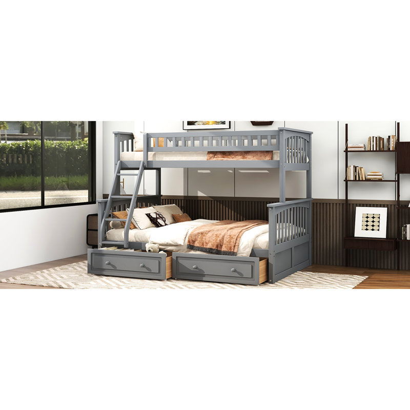 Lit superposé convertible simple au-dessus d'un lit double gris avec tiroirs, pin et construction, conception fiable, garde-corps de type barrière pour la protection, assemblage simple