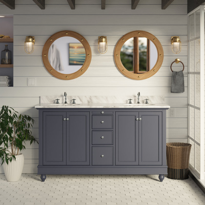 Ensemble de meuble-lavabo double 60 po Ferdinand, Marbre de Carrare, Gris marine