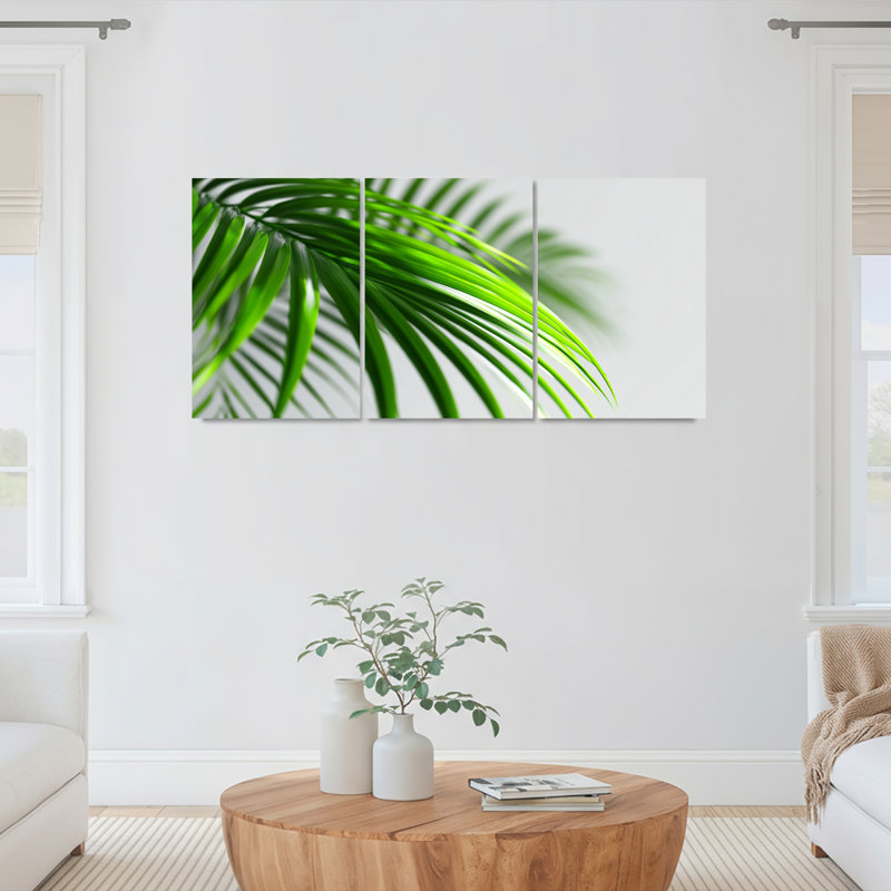 Ensemble de 3 tableaux sur toile imprimée motif feuilles de palmier tropicales vertes, H 30 po x l 60 po
