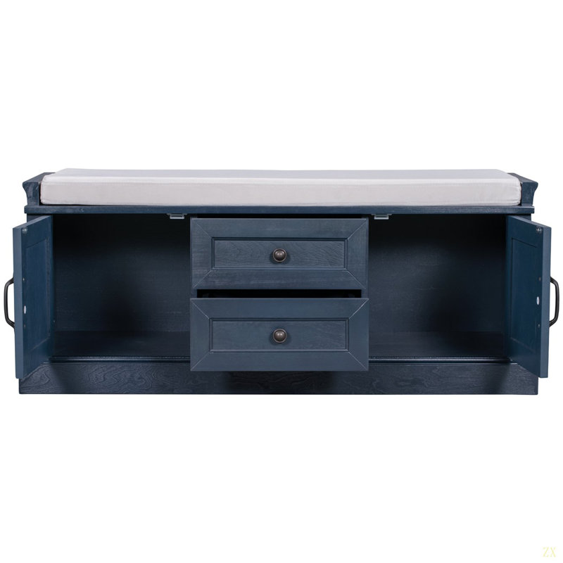 Storage Bench With 2 Drawers And 2 Cabinets, Shoe Bench With Removable Cushion For Living Room, Entryway, Antique Navy