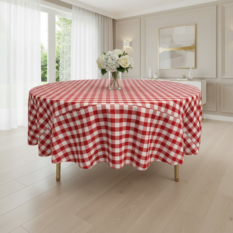 Joice Gingham Round Tablecloth, White and Red, 70" Round