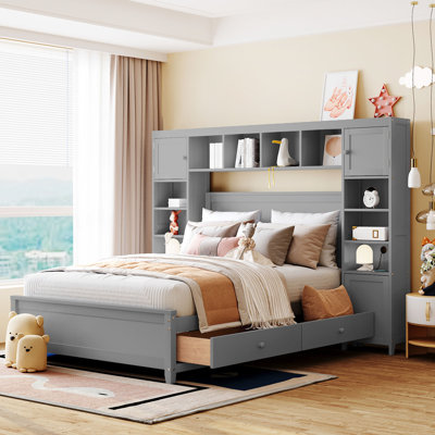 Lit double en bois avec armoire et tablette tout-en-un, espresso