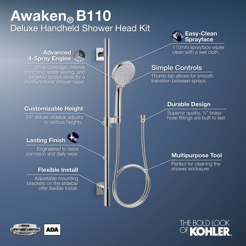 Awaken B110 24 po Ensemble de douche à main à quatre fonctions Deluxe, 2,5 gal / min, Nickel brossé éclatant