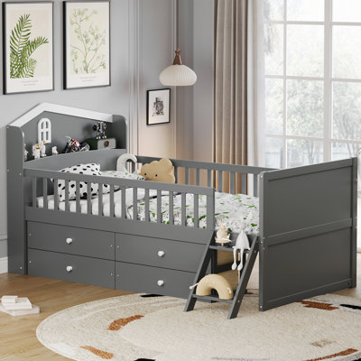 Twin Bed Frame With Storage 4 Drawers,Wooden Bed Frame For Kids,Platform Twin Size Bed With Guardrail Headboard And Ladder, No Box Spring Needed, Easy Assembly