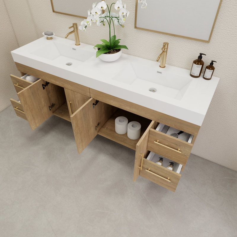 70.8" Wall-Mounted Double Bathroom Vanity Set, Oak