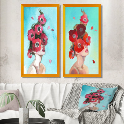 «Glamourous Floral Woman Portrait», ensemble de 2 peintures sur toiles