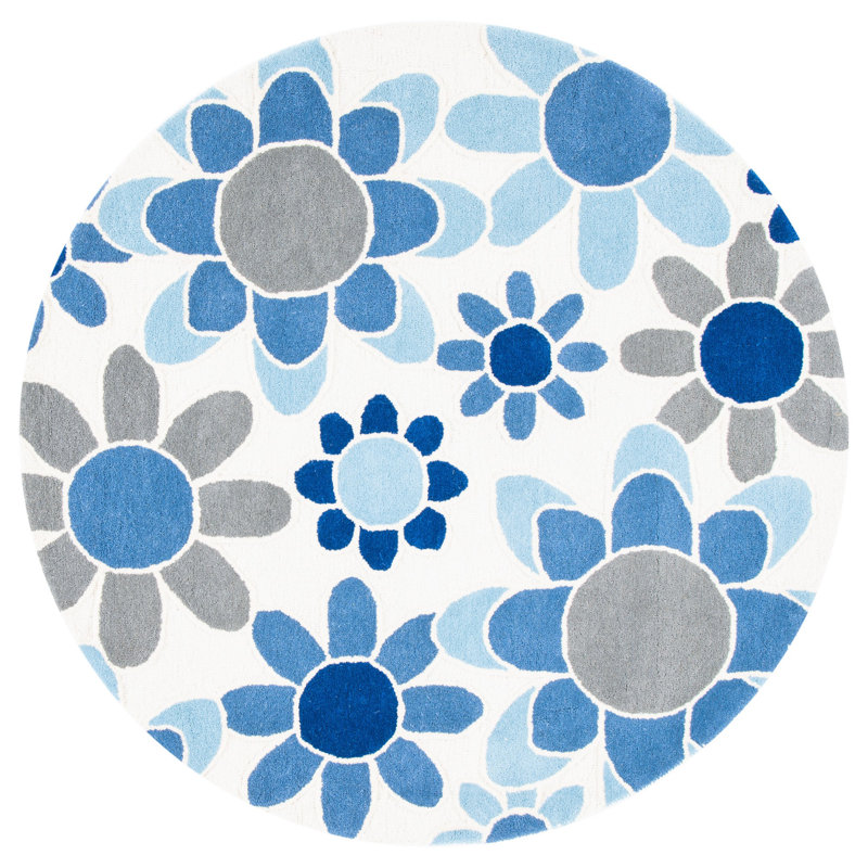 Tapis gris / bleu en laine touffeté à la main Asdvadzadur, Rond 5 pi