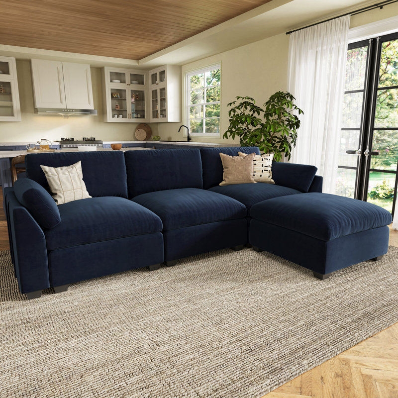 L-Shaped Modular Sectional with Ottoman, Blue Velvet