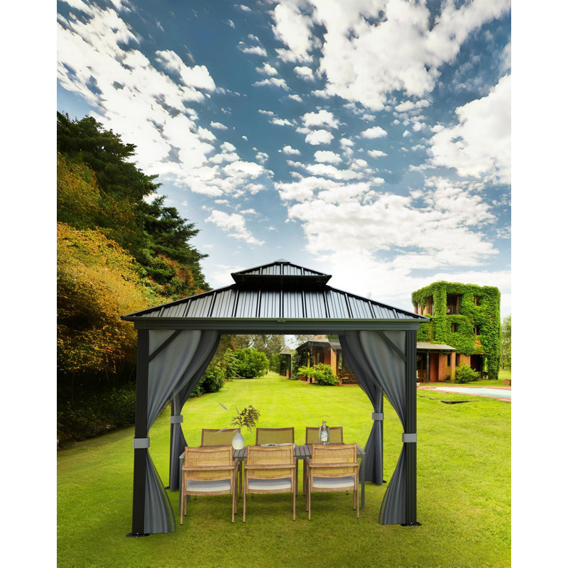 High-quality Hardtop Gazebo for Patio and Garden – Double Metal Roof, Mosquito Netting, Privacy Curtains, Heavy-Duty Aluminum Pavilion, All-Weather Outdoor Canopy – 12x12FT – Color: Black Spray + Cloth Black Mesh