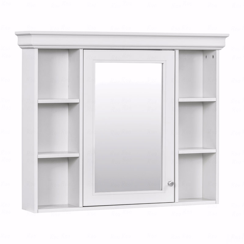 Armoire de rangement murale blanche 35 po x 28 po avec porte miroir, armoire de salle de bain moderne avec miroir, armoire à pharmacie avec 6 tablettes ouvertes