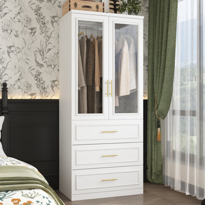 Modern Wardrobe With Glass Doors, Spacious Storage With Drawers And Golden Handles