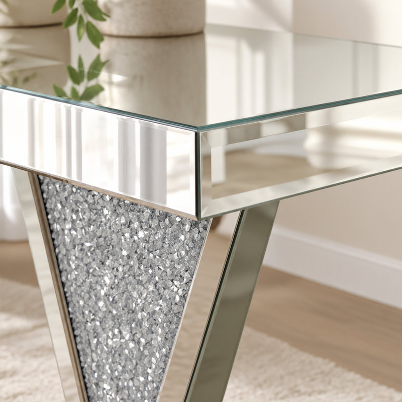 Console à miroir à effet diamant, table d'entrée moderne en verre argenté réfléchissant avec incrustation de cristal en forme de V