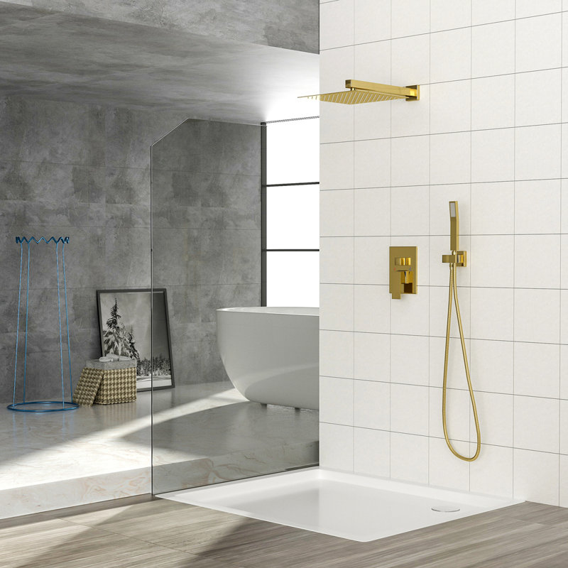 Dual Shower Head - 10 Inch Wall Mounted Square Shower System With Rough-In Valve, Gold